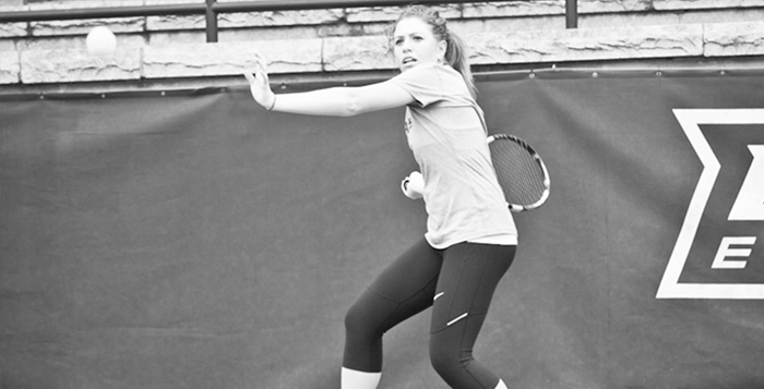 Courtesy of Emory Athletics Freshman Michelle Satterfield prepares to return a serve. Satterfield paired with senior Gabrielle Clark for the Eagles' number one doubles team on Monday against NAIA opponent Georgia Gwinnet College. Emory defeated Georgia Gwinnett 6-3.