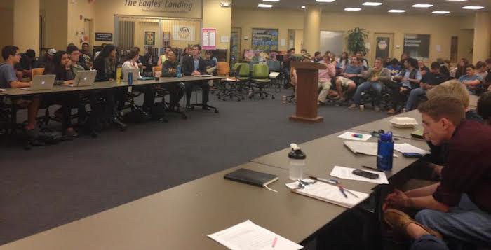Over 50 students attended Monday's Student Government Association (SGA) meeting, where the  Legislature conducted an open forum discussion about a resolution concerning the app Yik Yak. Photo by Rupsha Basu/News Editor.
