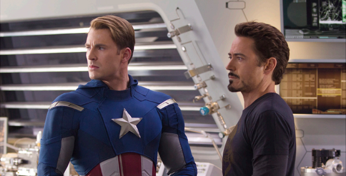 Chris Evans (left) and Robert Downey Jr. (right) star in 2012 box-office-record-breaking smash-hit 
