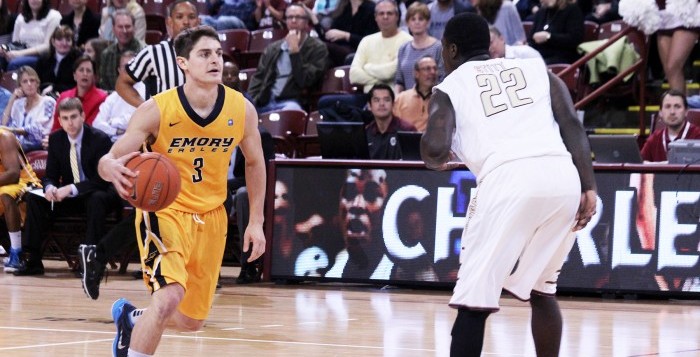 Senior guard Michael Florin takes the ball down court in Charleston, S.C. Florin and the Eagles fell to Division I College of Charleston in an exhibition game last Saturday. The final score of the game was 78-68. | Photo Courtesy of Emory Athletics
