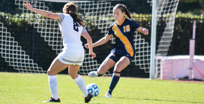 Senior defender Kaelyn Lucas clears the ball for the Eagles. Lucas earned her first assist of the year in the Eagles' 3-0 victory over Case Western Reserve University (Ohio) on Sunday. The victory improved the Eagles' ranking to 21st in the nation. Their record now stands at 10-1-6.